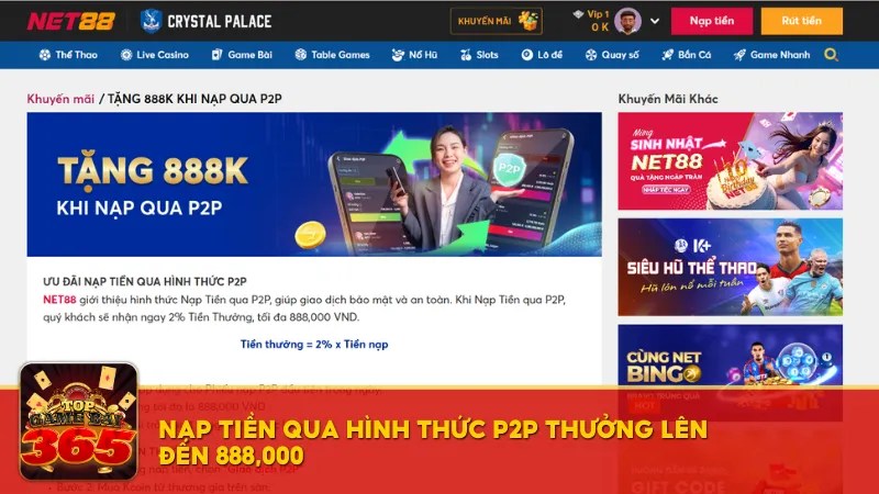 Khuyến mãi game bài Net88 - Nạp tiền qua hình thức P2P thưởng lên đến 888,000 