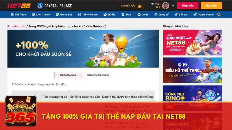 Tặng 100% giá trị thẻ nạp đầu tại Net88 